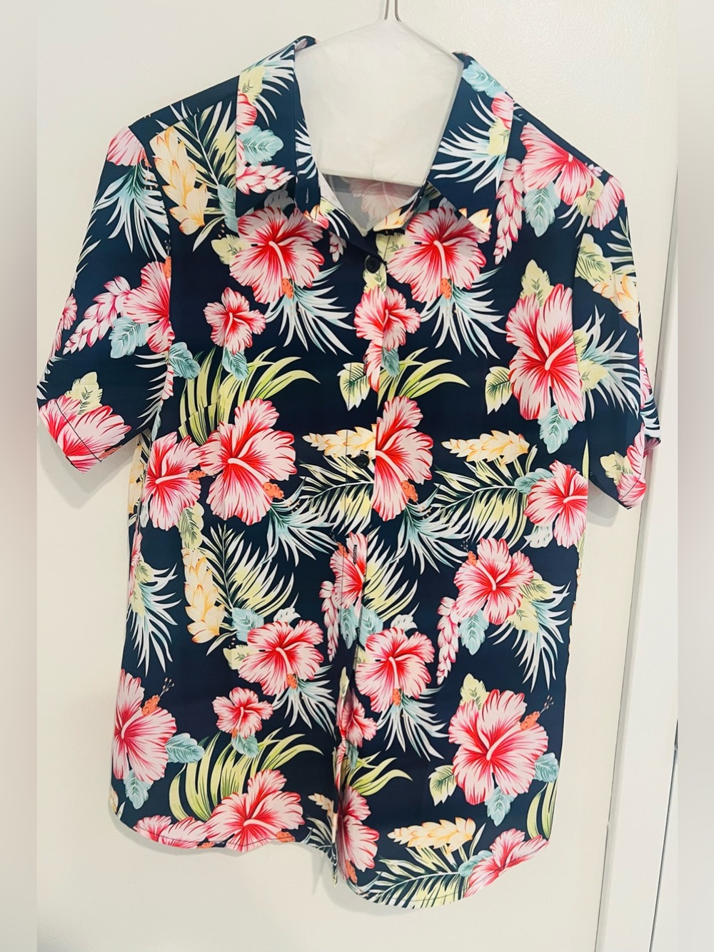Navy Hawaiian Floral Skirt with Pink Hibiscus